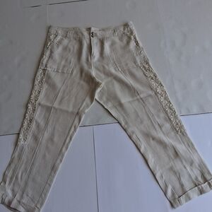 Neiman Marcus Cream Wide-Leg Linen Pants